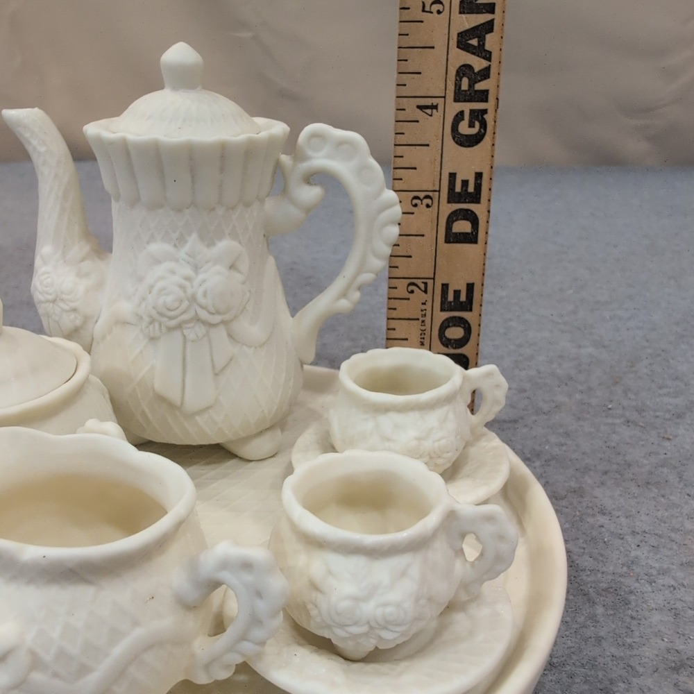 Albert E Price Miniature Porcelain Tea Set White Floral Relief 10 Piece Set - - Picture 5 of 8